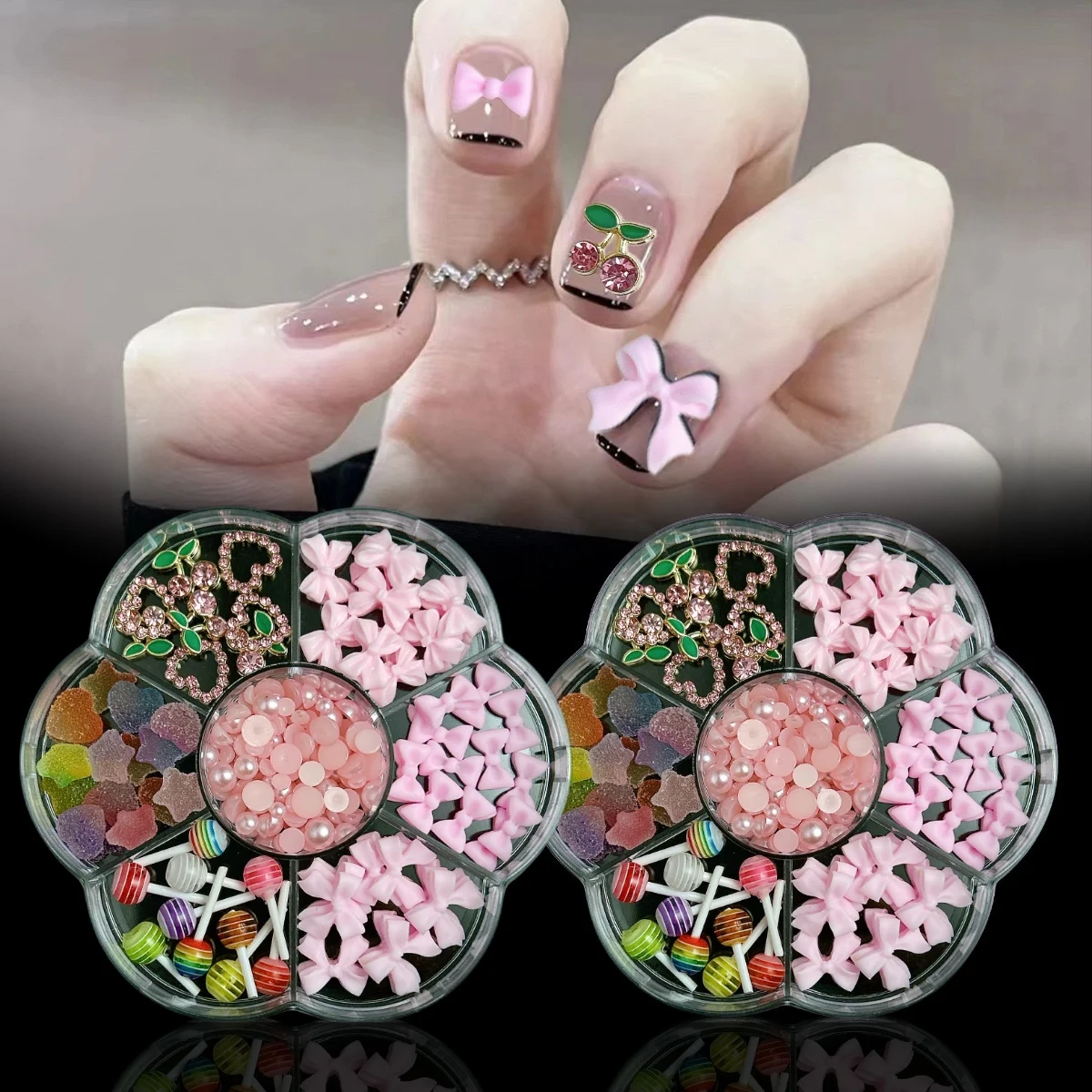 1 ボックス絶妙な合金中空弓チェリーネイルアートチャームカラフルなちょう結び模擬ロリポップハート樹脂ネイルデコレーション DIY