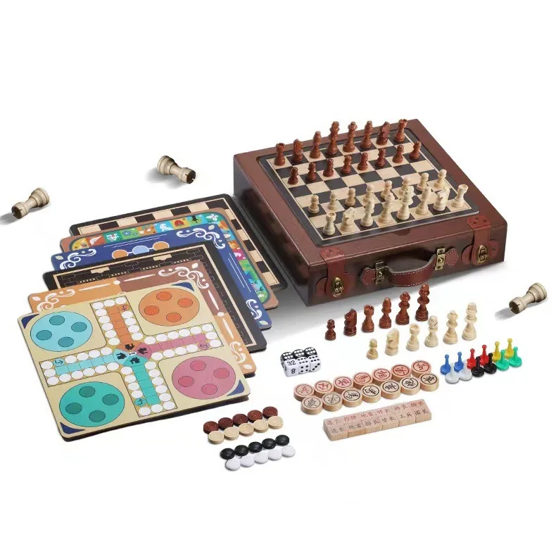 Children's 12-in-1 multi-functional wooden chessboard, chess, backgammon, flying chess, checkers, educational toys