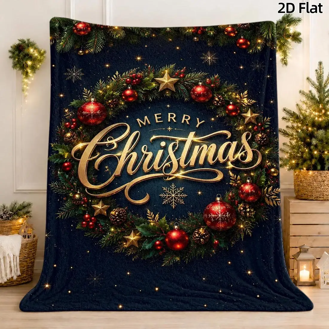 1pc 2D Flat Throw Blanket, Christmas Wreath & Ornament Pattern, Farmhouse Style, Navy Blue Base with Golden Stars Decor Blanket