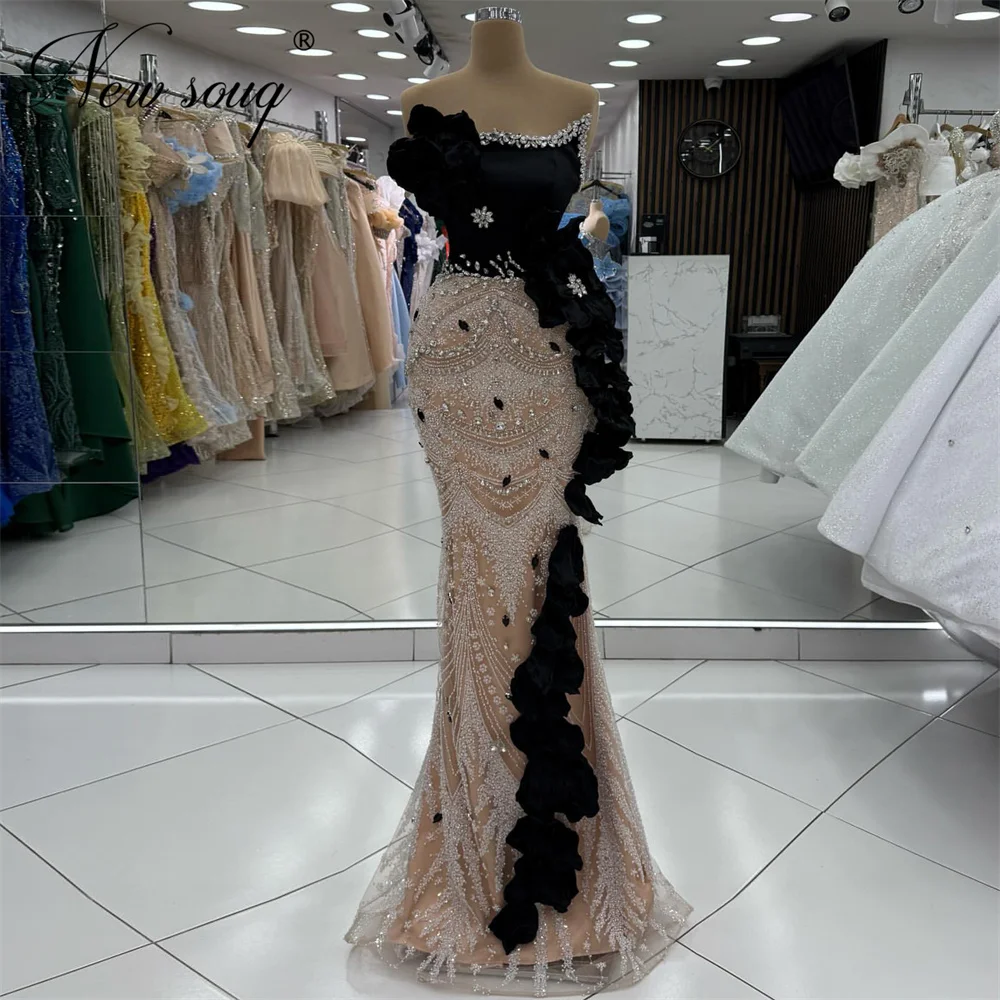 

Изысканные черные вечерние платья без бретелек, вечернее платье с бисером, женские цветы, свадебные платья, Vestidos De Cóctel по индивидуальному заказу