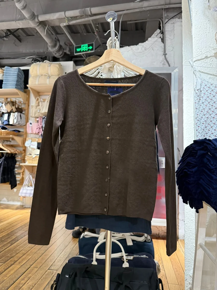 Marrom ilhó malha cardigan feminino outono novo casual algodão manga longa camisola casaco feminino vintage simples básico blusas topos