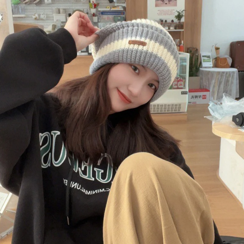 الشتاء قبعة تدفئة المرأة عادية مكدسة قبعة صغيرة محبوكة قبعة رجالية مخطط الهيب هوب للجنسين المرأة قبعة تسلق الجبال وشاح #4