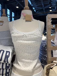 Green Floral Eyelet Slim Crop Top Woman Summer Bow Lace Trim Sleeveless Cotton Camis Sweet Preppy Style All-match Tank Tops Y2k
