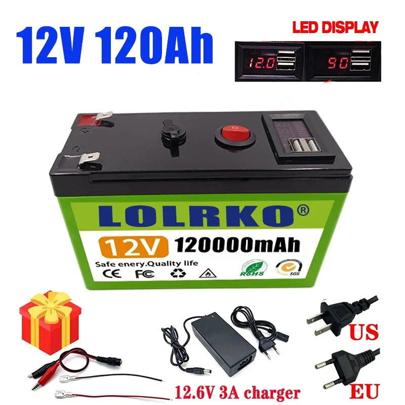 

Upgraded 12v 120Ah 18650 Li Ion Battery Electric Vehicle Lithium Battery Pack 9V- 12V 120000mAh Built-in BMS 80A High Current