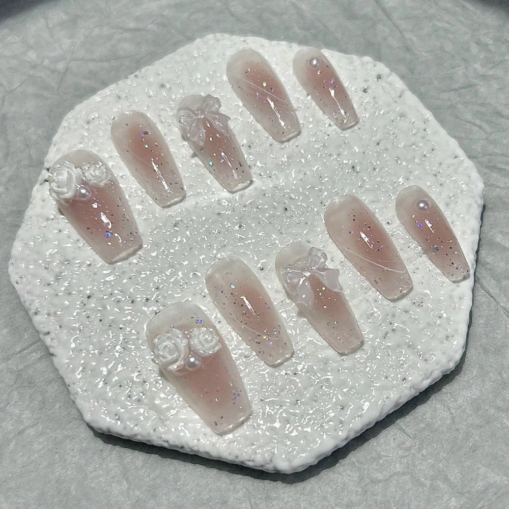 10 piezas arco rosa seductor inocente dulce chica uñas postizas Otoño Invierno Camelia hecho a mano arte de uñas arco rubor uñas artificiales