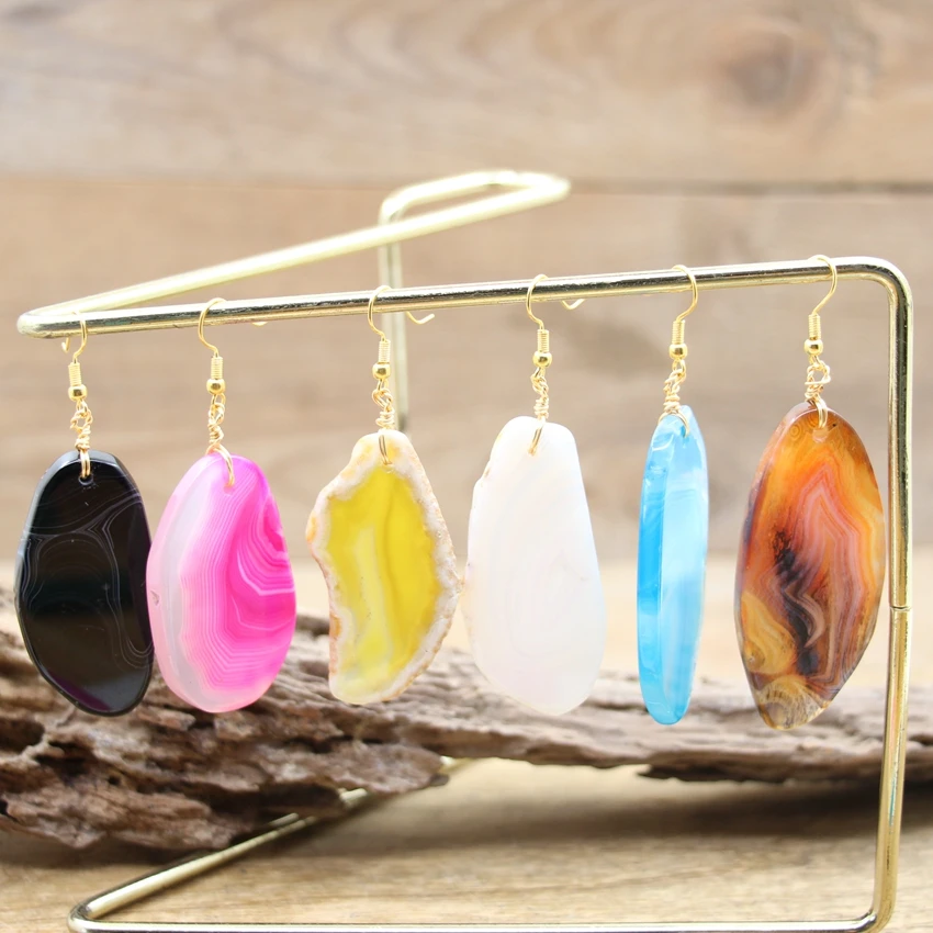 Colourful Agates Slice Hook Earrings Irregular Raw Stone Slab Dangle Reiki Eardrop Women Party Wedding Summer Jewelry QC7020