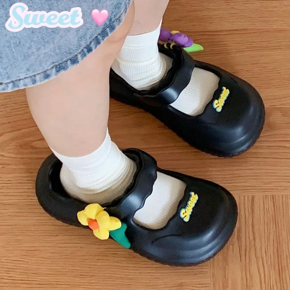 

women's sandals summer 2025 sweet flower mary janes shoes girls flat eva slides non-slip half slippers chanclas de mujer