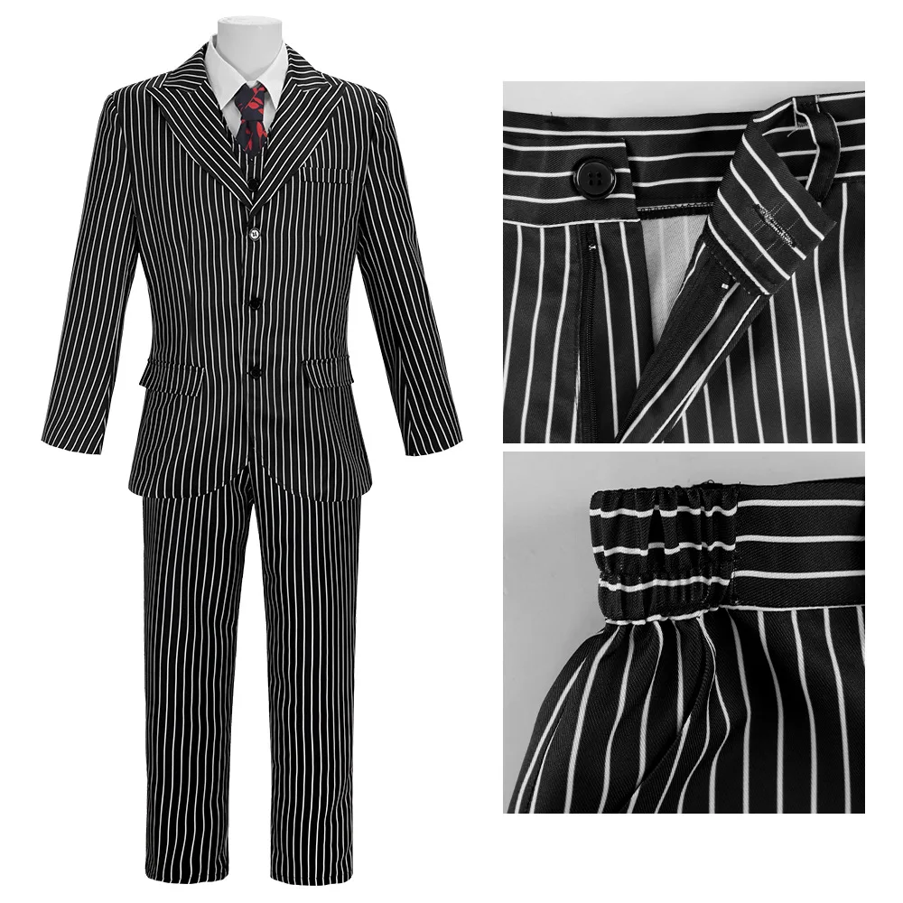 

Среда Семья Аддамс Гомес Аддамс Косплей Костюм Черный Полосатый Блейзер Брюки Жилет Рубашка Галстук Комплект Хэллоуин Карнавальный Наряд