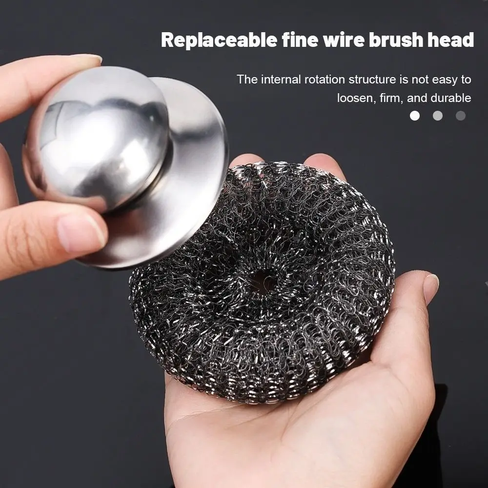3Pcs Stainless Steel Steel Dish Scrubbers Cookware Accessory With Handle Kitchen Cleaning Brush Comfortable Round