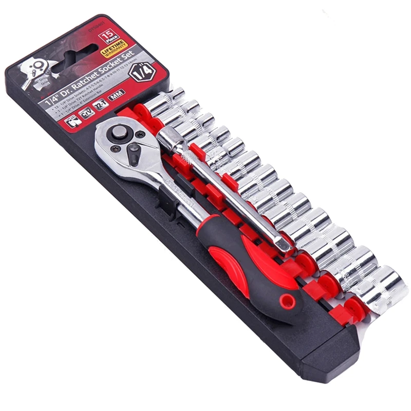 Jeu douilles 1/4 ”15 pièces, clés métriques en acier au Vanadium, cliquet à 72 dents, vente directe