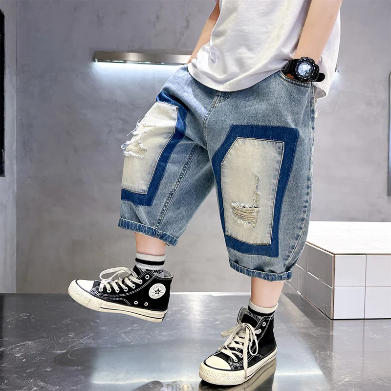 Fancy Kids Designer Summer Ripped Mid-Calf Denim Shorts for Child Boy Casual Jeans Capris Shorts 5 6 7 8 9 10 11 12 13 14 Years