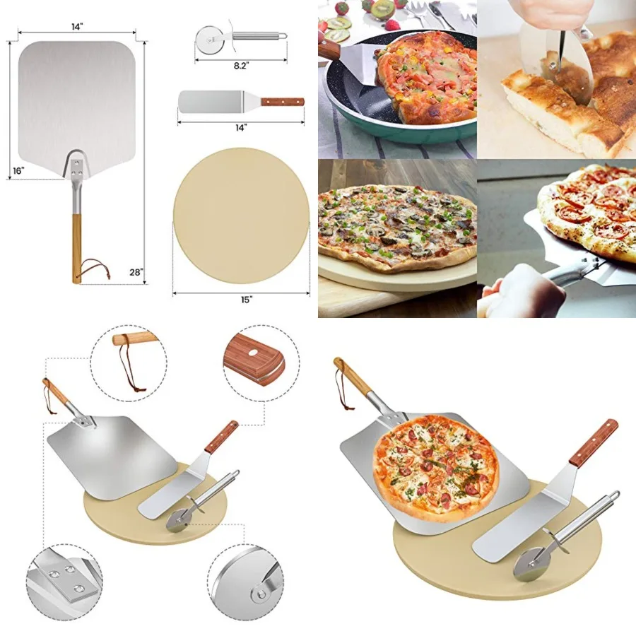 

4-Piece Pizza Stone Set 15 Round Cordierite Baking Stone for Oven Grill, 14x16 Pizza Peel, Stainless Steel Spatula Cutter Compl