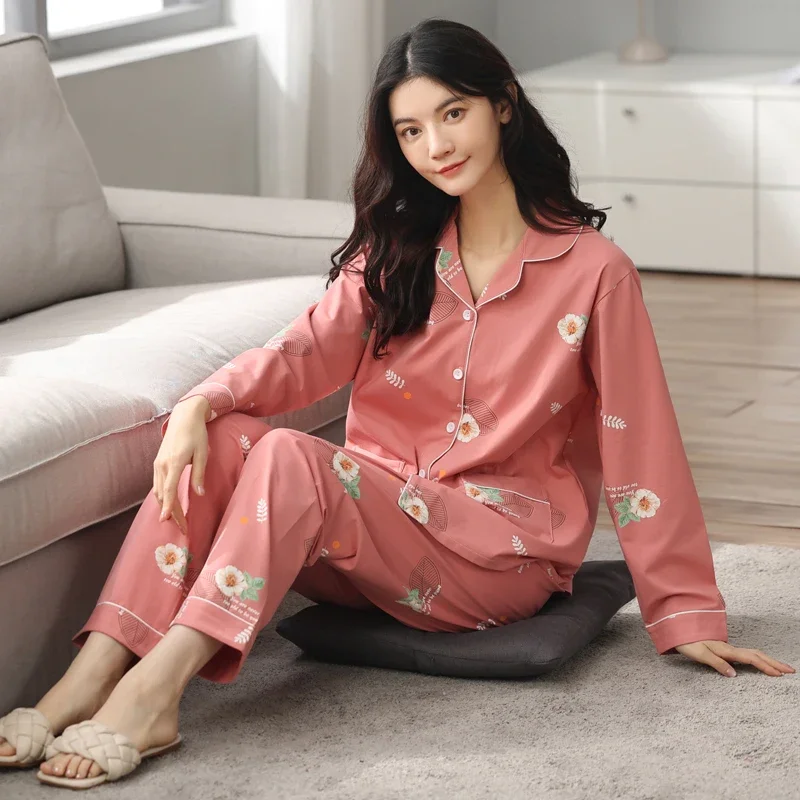 MiiOW Women Winter Pajamas Set Soft Cotton Loungewear Sexy Loose Turn-down Collar Sleepwear Elegant Floral Print Woman Nightwear