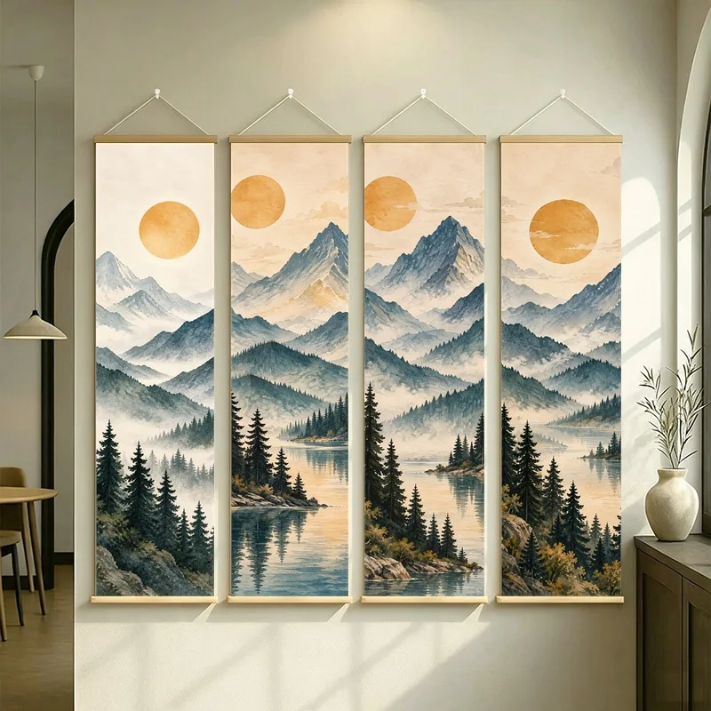 Wall Art Golden Sun Misty Mountains and Evergreen Forest, Nordic Japandi Pearlescent Canvas Hanging Scroll for Reading Nook