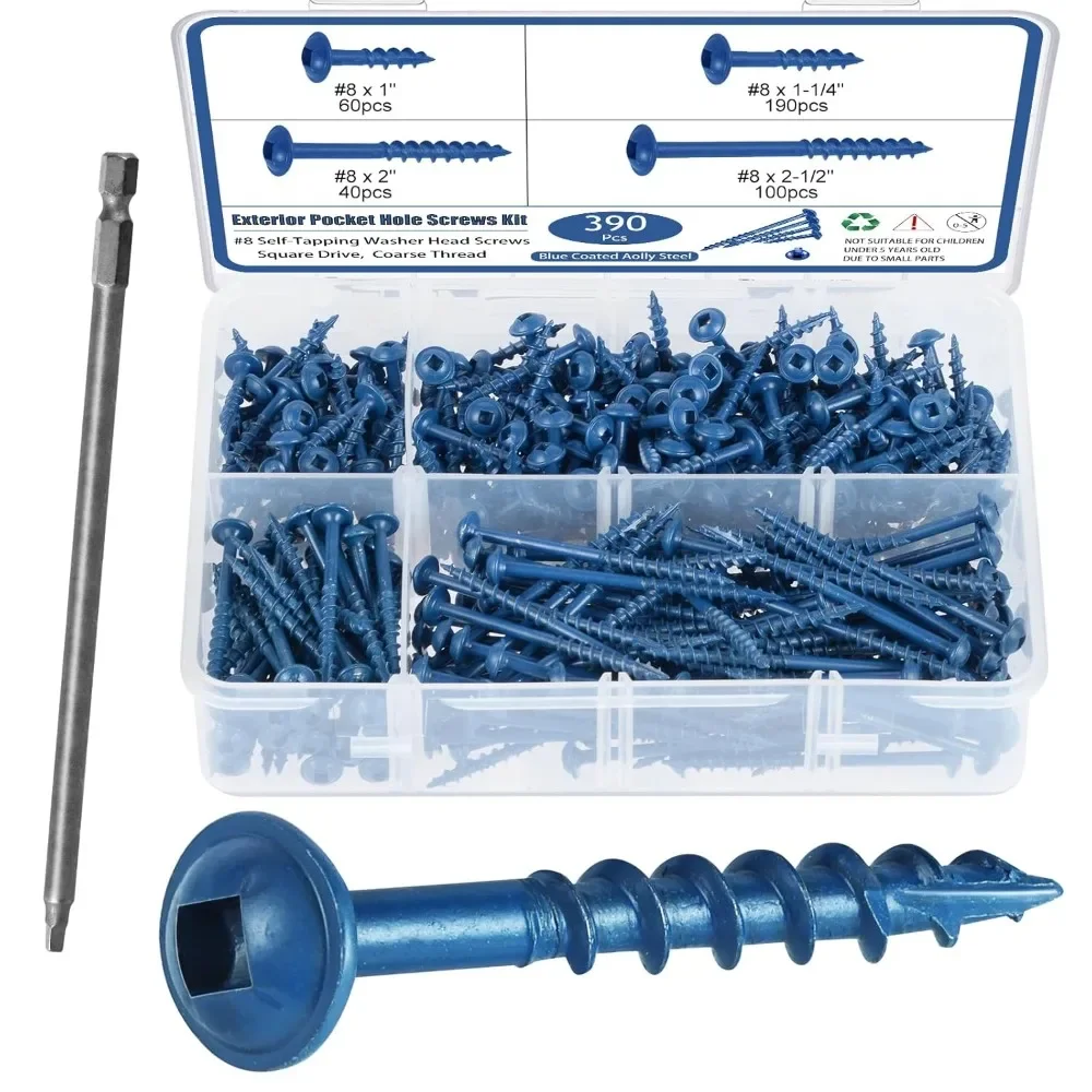 

390Pcs Self Tapping Screws with Drive Bit #8 x 1 1-1/4", 2" 2-1/2" Coarse Thread Wood Screws with Square Drive Blue Coated Screw