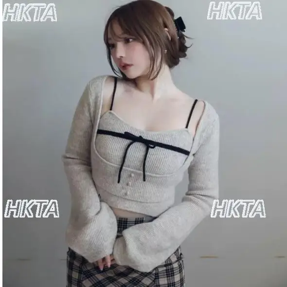 

Japanese Style Hot Girl Sexy Knitted Long Sleeved Sweater for Women Sweet Bow Strap Slim Fall New Short Pullovers Top for Female