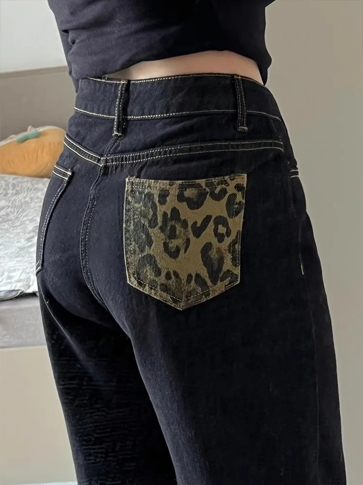 

American Leopard Print Rolled Edge Wide Leg Jeans For Women In Spring And Autumn, Retro Simple High Waisted Casual Pants