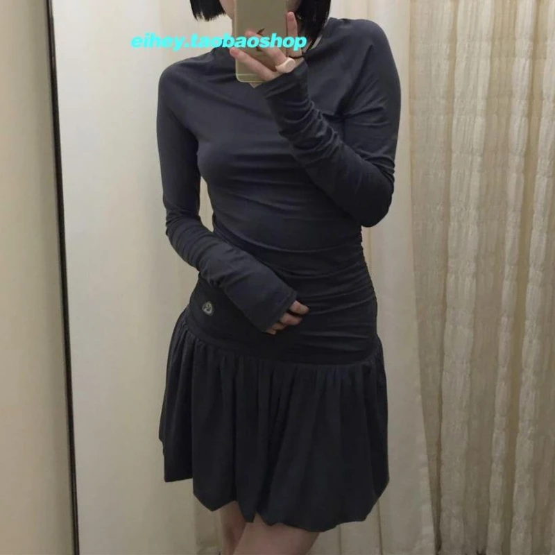 

Vintage O-neck Solid Color Casual Pleated Long-sleeved Dress Women 2024 Autumn New Korean Sexy Slim All Match Bud Mini Dress