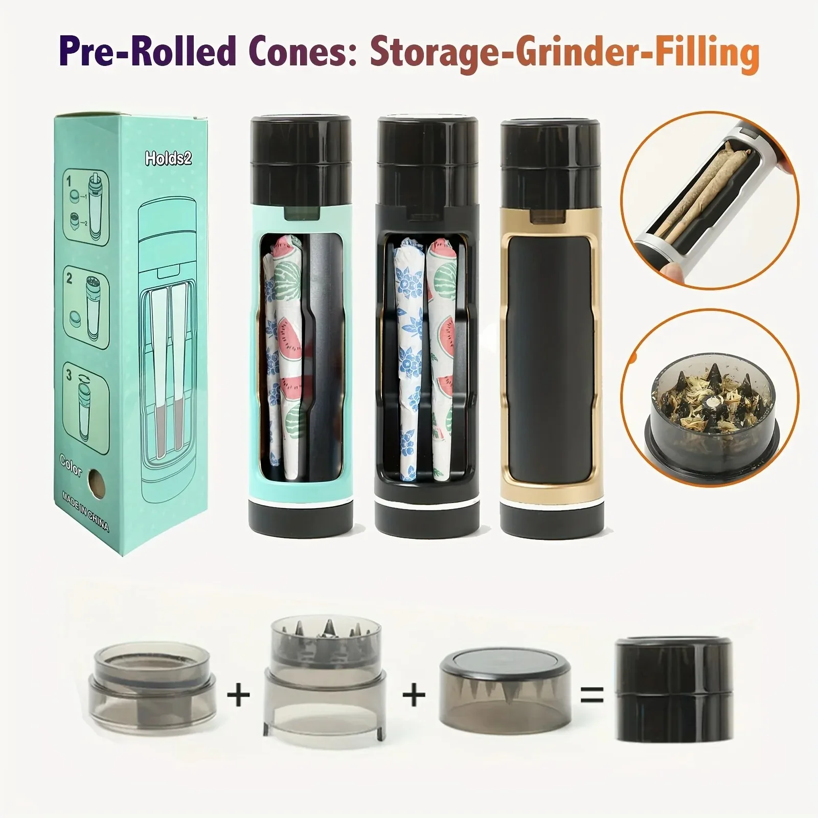 Manual Herb Grinder 3 in 1 Cone Rolling Paper Filling Machine Horn Tube Cigarette Case Herbal Grinders for Smoking Accessories