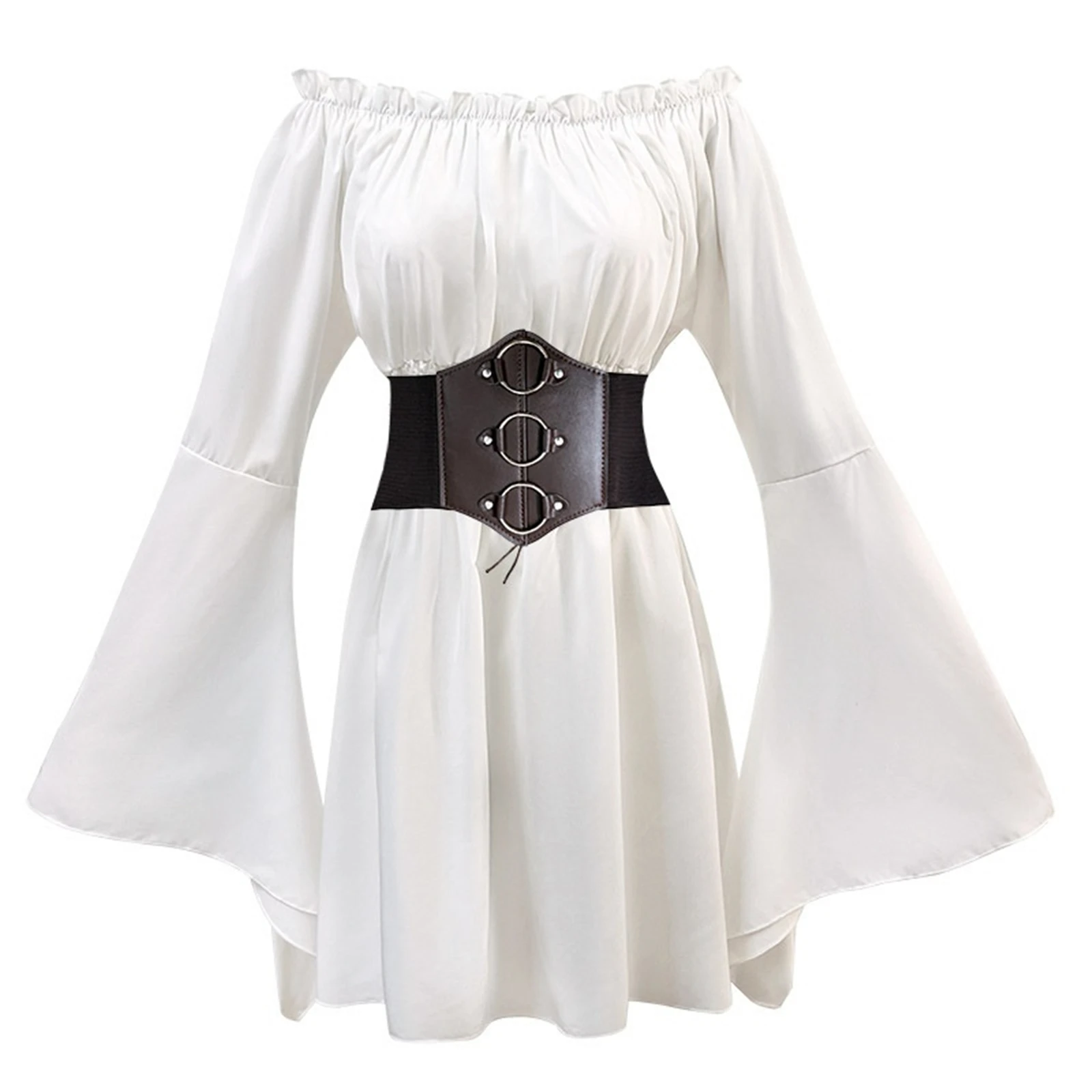 Womens Renaissance Victorian Cosplay Costume Bell Sleeve Peasant Ruffle Smocked Waist Boho Pirate Shirt Blouse Wide Belt