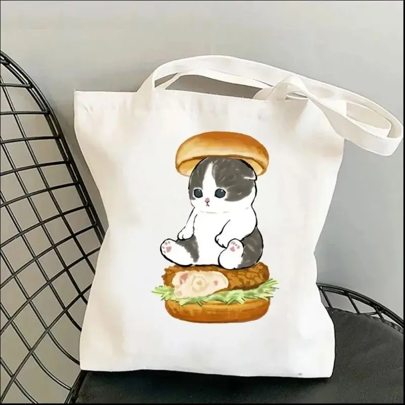 Hamburg Cat Shopping Bag Cute Animal Print Handbag Canvas Reusable Large Capacity Storage Bag Shoulder Bags for Pet Shop Gift