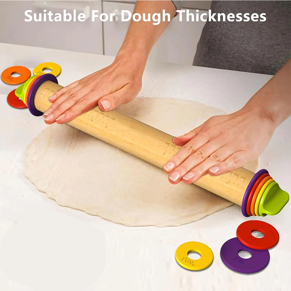 TJ POP 43 cm Baking Stick Rolling Pin Beech Wood Fondant Adjustable Rolling Pins with 4 Thickness Rings Wooden Cake Pizza Tools