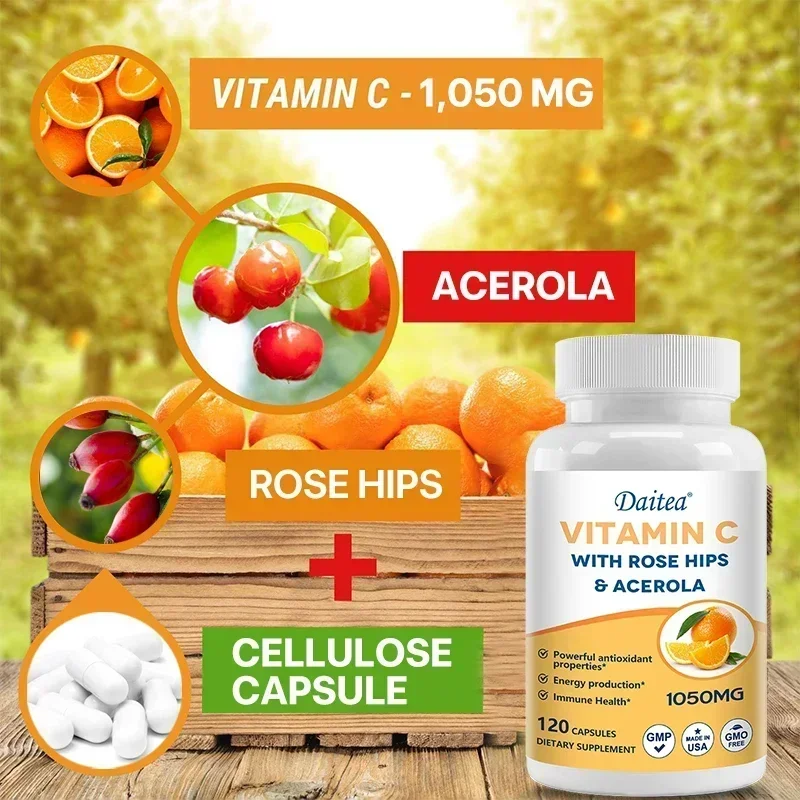 Vitamin C Timed Release with Rosehip & Acerola Bioflavonoids, All Day Immune Support, Energy, Antioxidants, Veggie Capsules