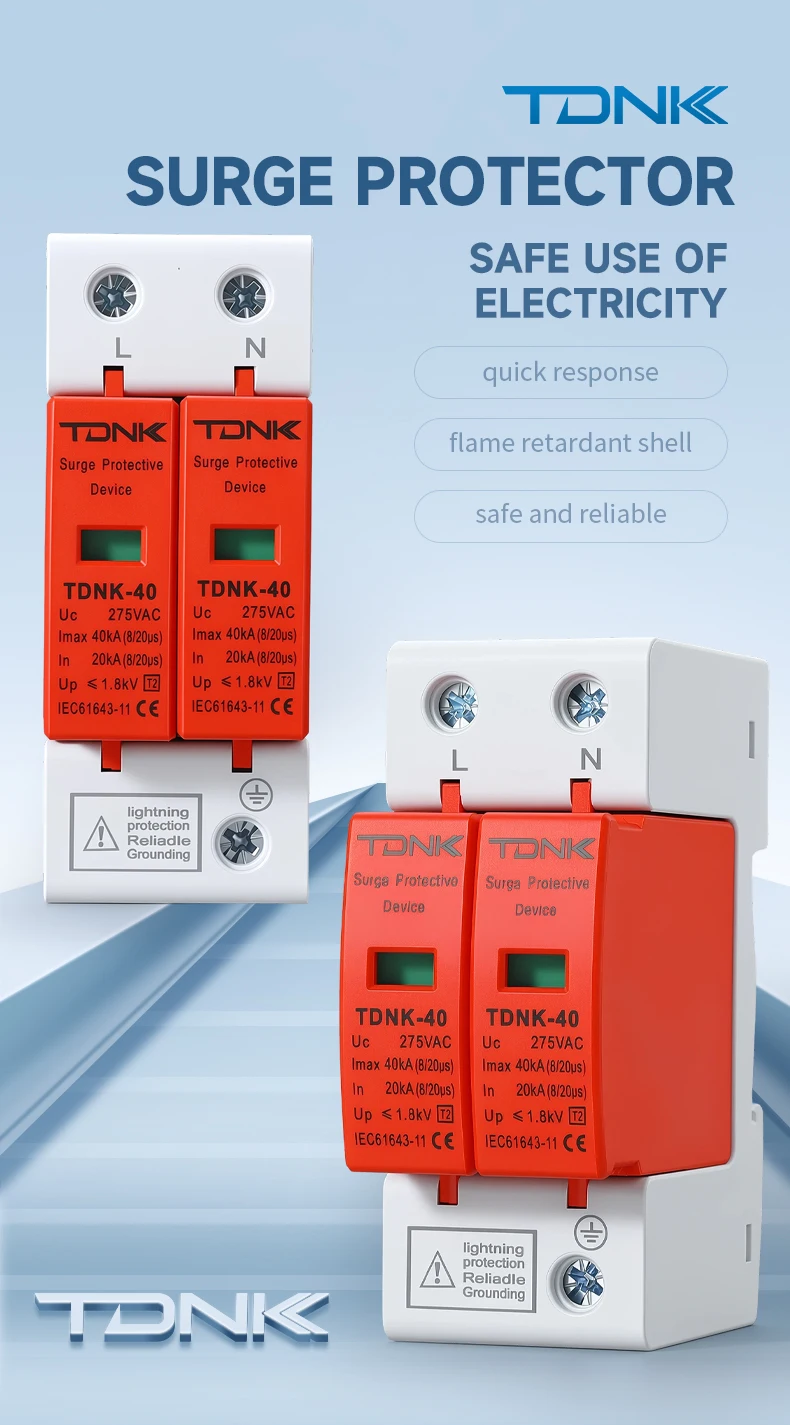 TDNK AC SPD 2P 20KA 40KA 275V 385V Überspannungsschutz für Häuser, Niederspannungsableiter, Blitzschutzgerät für Haus-PV-Systeme – Detail 1
