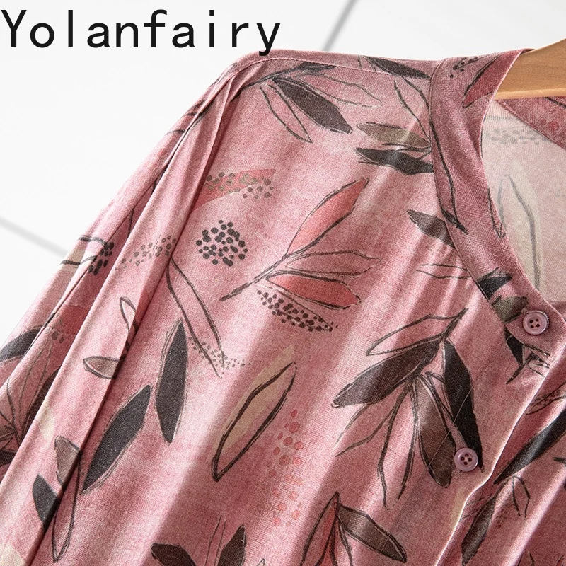 YOLANFAIRY 70% 뽕나무 실크 30% 코튼 드레스 여성 우아한 프린트 셔츠 드레스 여성 라운드 넥 하프 슬리브 여성 드레스