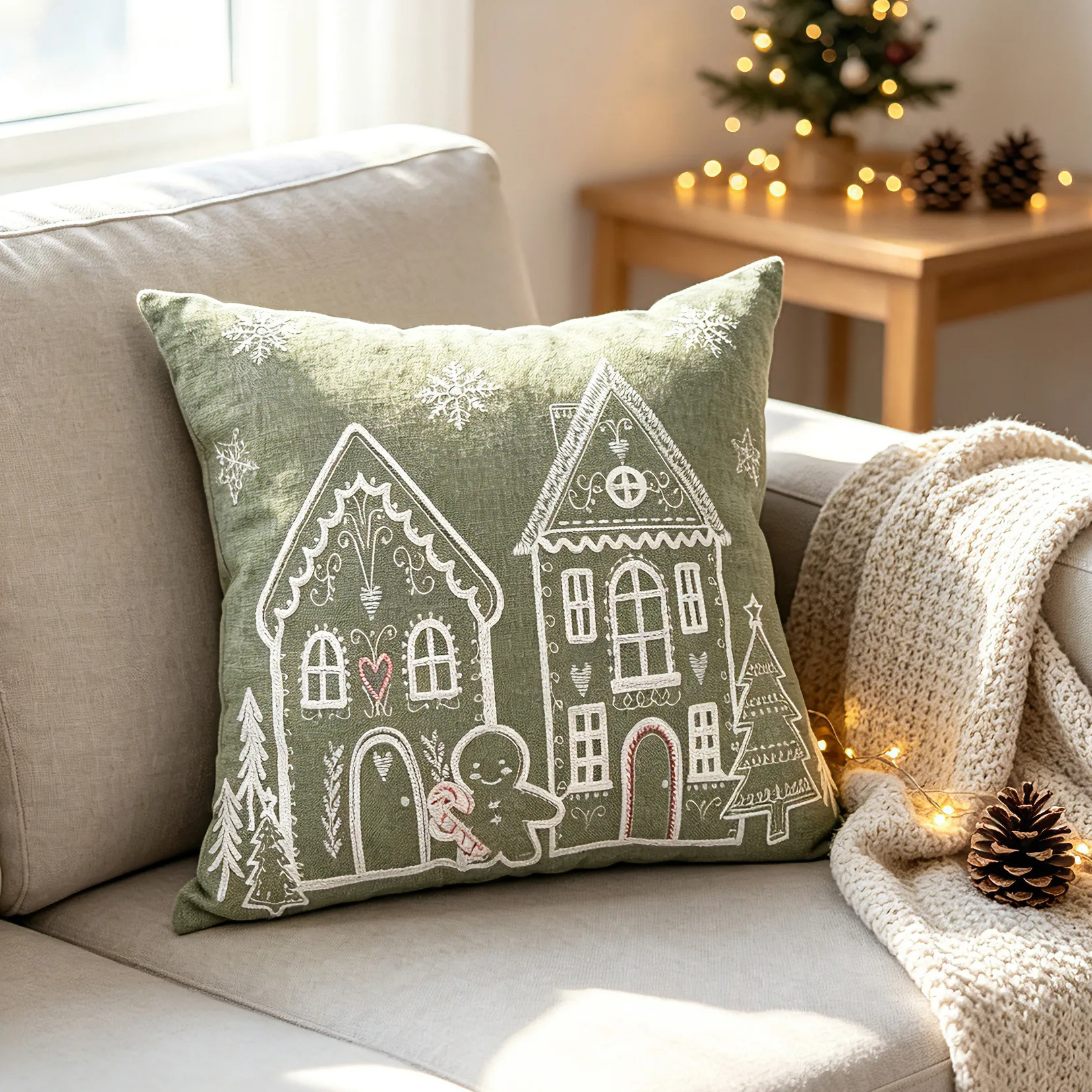 Weihnachtlicher grüner Kissenbezug aus Chenille mit gestickten Schneeflocken, Dekokissenbezug für Zuhause, Sofa-Kissenbezüge – Detail 6