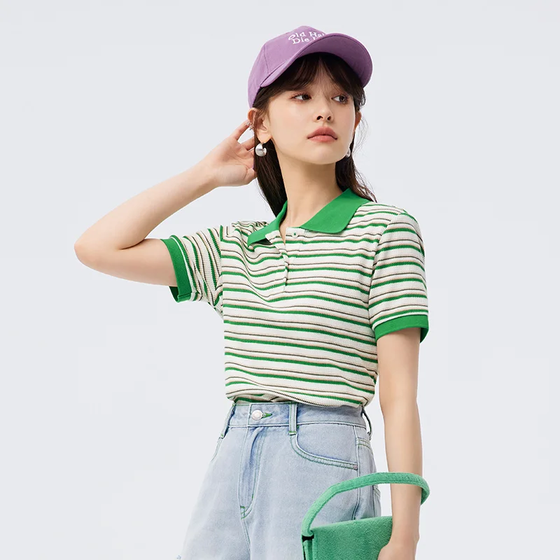 Semir Polo Shirt Women Tight 2023 Summer New Soft Waffle Striped Shirt T-shirt