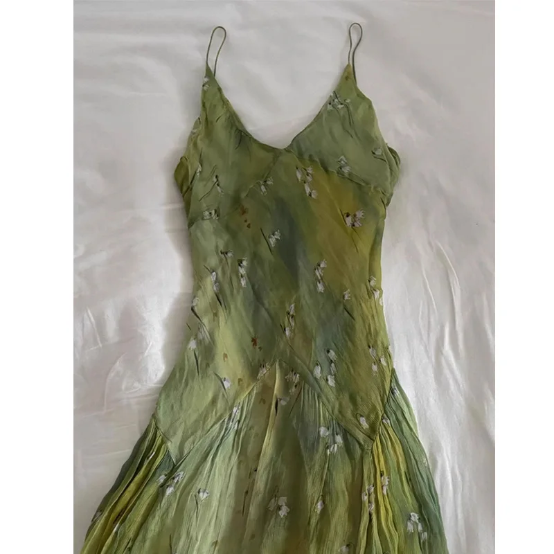 2025年新作 ヴィンテージ エレガント フレンチフローラルプリント Vネック ストラップレス ミディ丈ワンピース レトロ レディース スイート サマーバケーションスタイル ロングワンピース