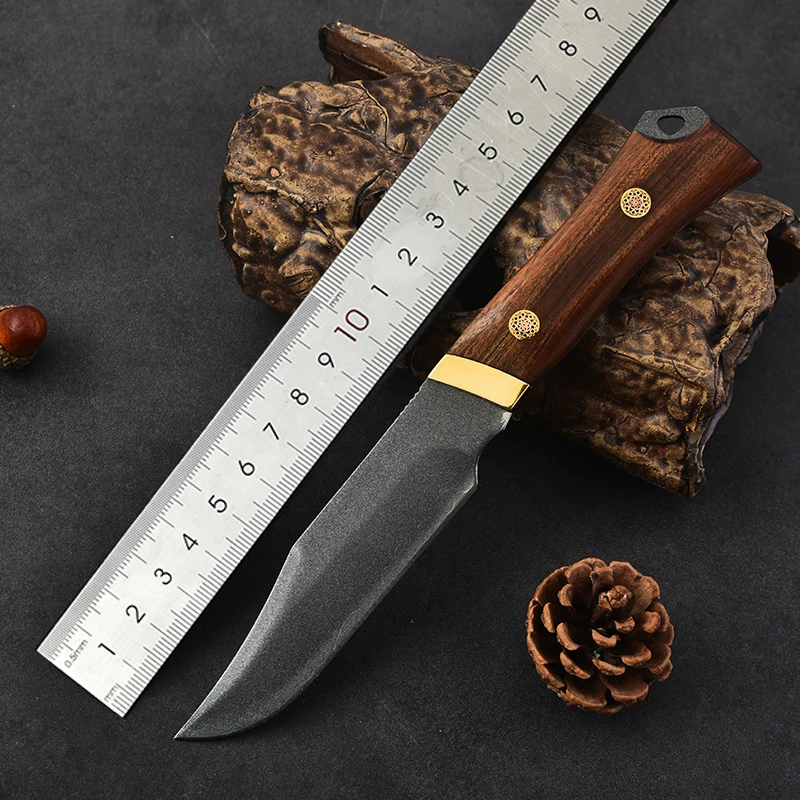 Sanhe steel 9c 고경도 야외 스트레이트 나이프 표면 티타늄 도금 휴대용 과일 칼 컬렉션 수제 칼 로즈