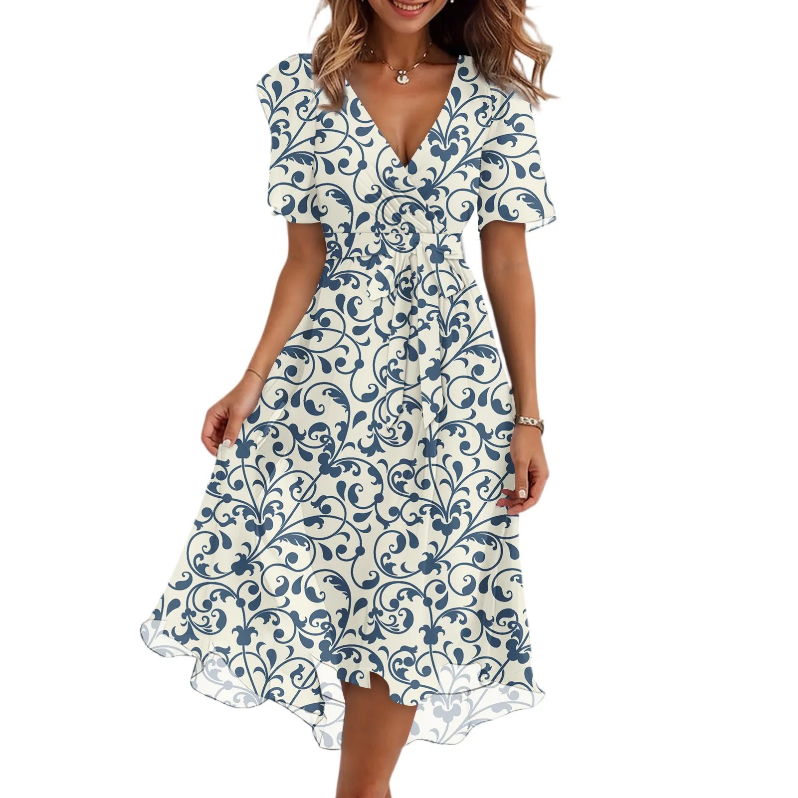 Damen-Sommerkleid mit Blumenmuster, lässig, Wickel-V-Ausschnitt, gerüschte Kapuze, kurze Ärmel, Gürtel, A-Linie, Rüschensaum, Midi-Sommerkleid, elegante Kleider