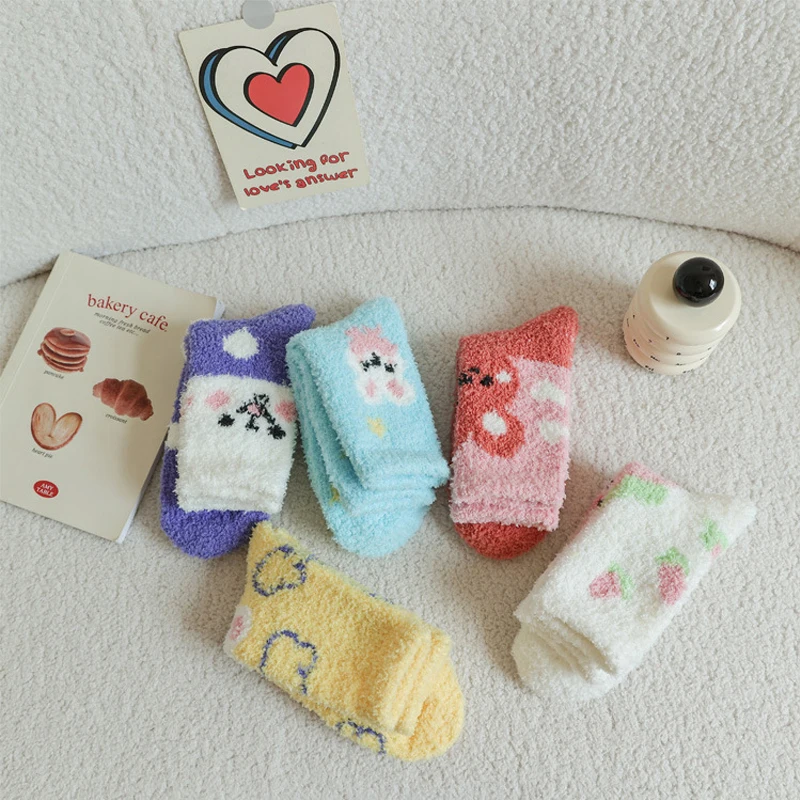 1/5 Paar Damensocken, dick, warm, Korallenvlies, Bodensocken, koreanisch, Kawaii, niedlich, lustig, süß, vielseitig, bunt, Socken für Mädchen