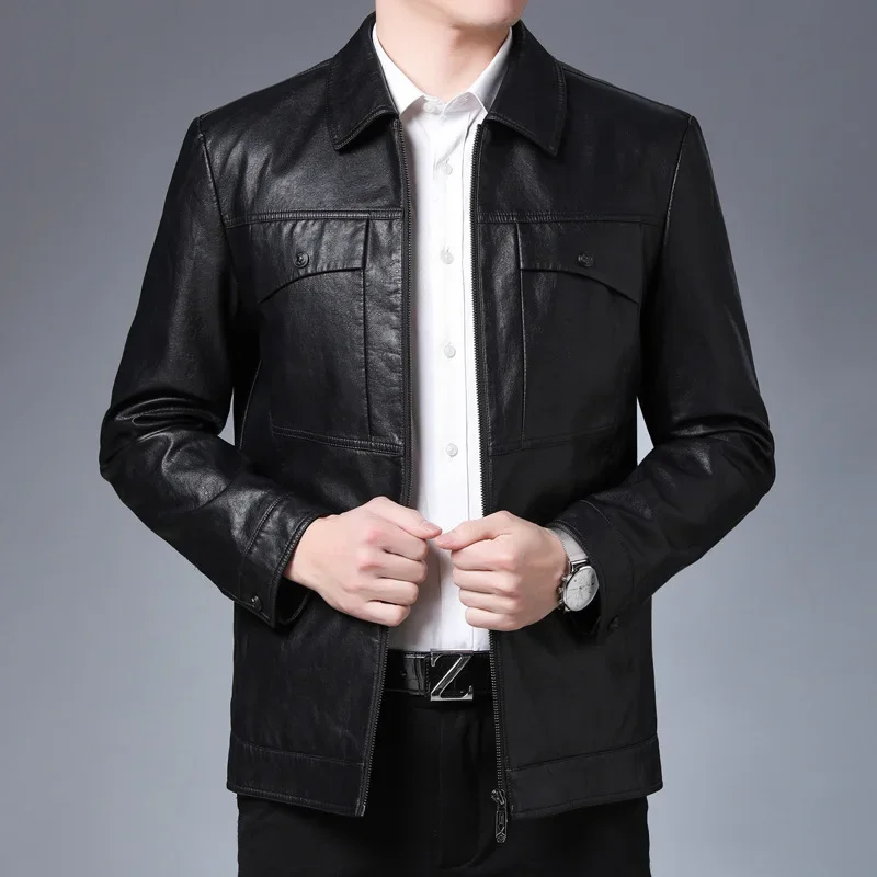 S-7XL New Plus Size Stylish and Comfortable Washed Motorcycle Up Leather Casual and Versatile Lapel Business Slim Leather Jacket