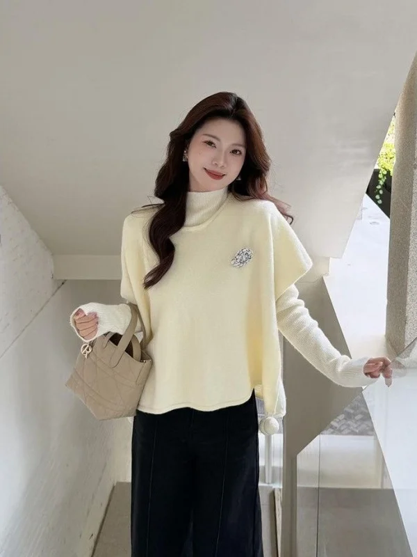

Korean Style Women's Winter Fashion Set Long Sleeve Knitted Sweater Coat over Shirt Slim Fit Base Layer Ball Cap Sleeve Design