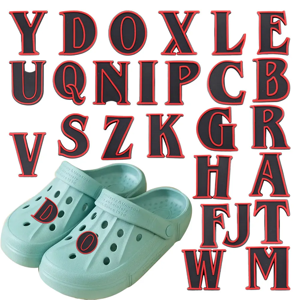 1-26PCS Black Red English Letter Alphabet PVC Buckle Clog Hole Shoes Decoration for Bracelets Accessories For Clogs Pins 
