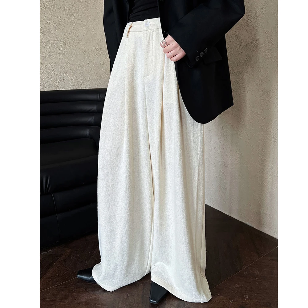 2024 Women Autumn Wide Leg Straight Pants 50% Cotton High Waist Beige Color Pants Fashion Clothes Thick Pants Female Trousers