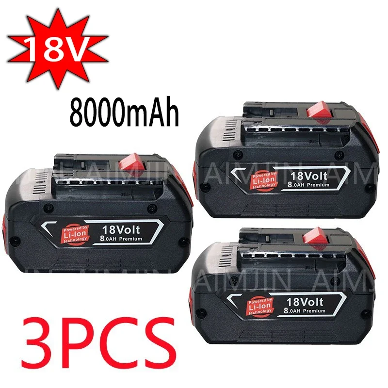 3PSC 18V Battery 8.0Ah for Bosch Electric Drill 18V Rechargeable Li-ion Battery BAT609, BAT609G, BAT618, BAT618G, BAT614