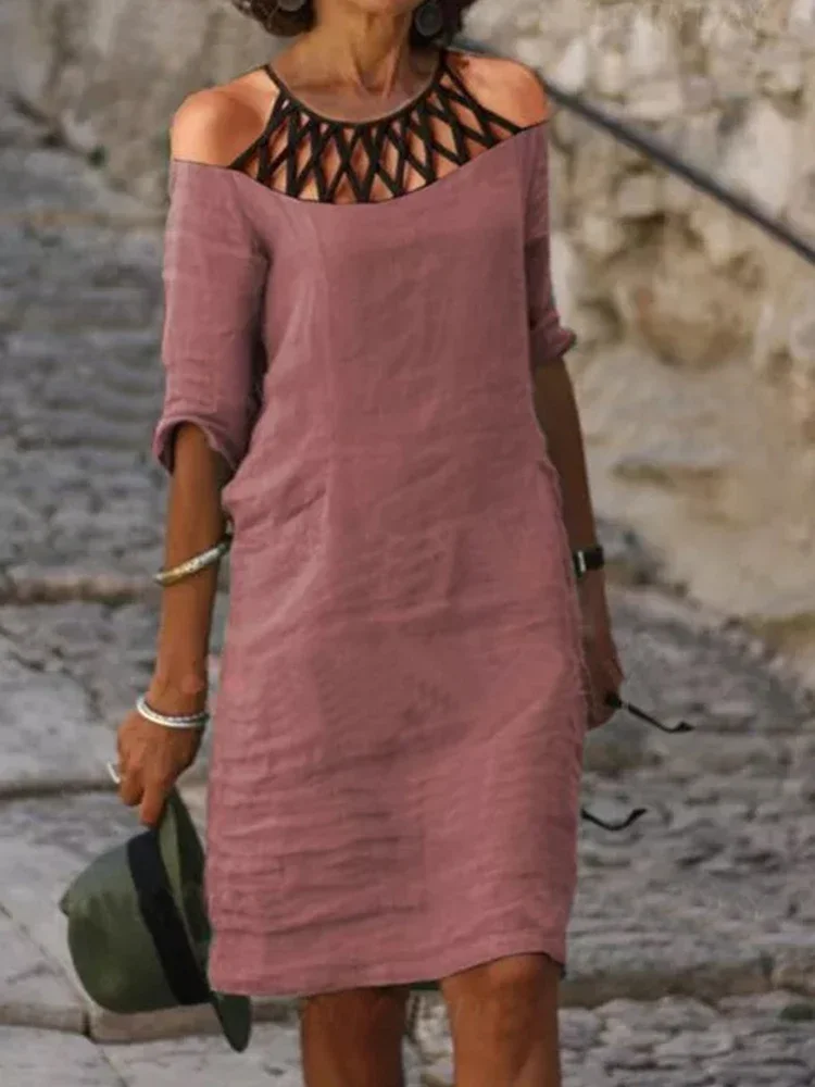 

Summer Strapless V-neck Women's Dress Casual Loose Short Sleeve Pullover Solid Color Lace Fashion Street Style