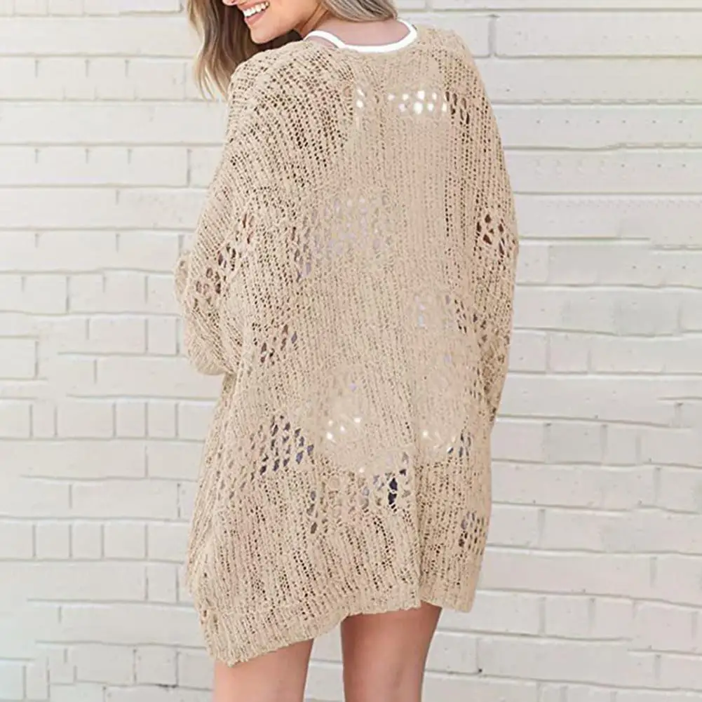 

For Daily Winter Women Knitwear Pure Color Hollow Out Loose Long Sleeve Knitted Coat Mid Length Loose Elastic Cardigan Jacket