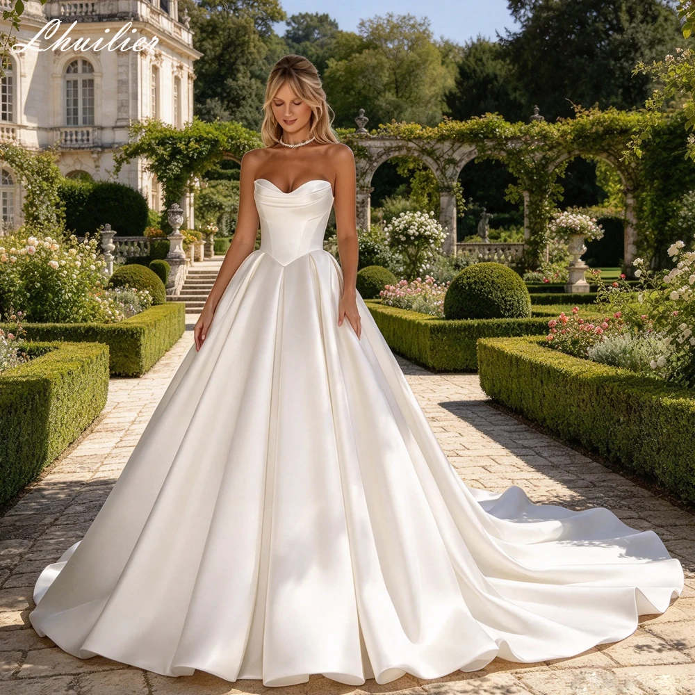 Lhuilier Customized A Line Strapless Satin Wedding Dresses Sleeveless Pleated Bridal Gown with Pocket