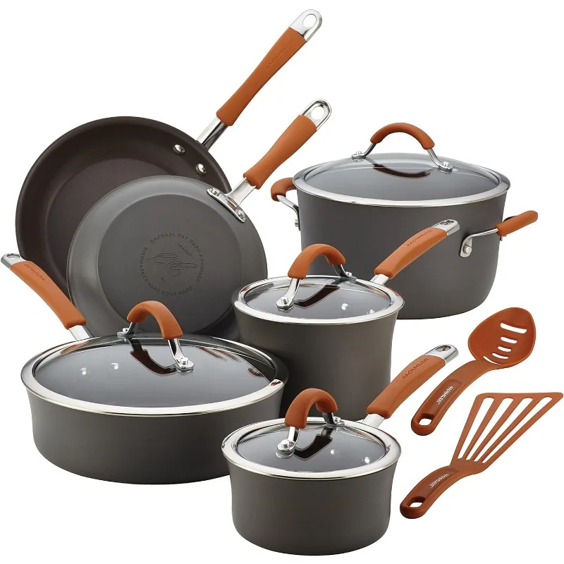 

Rachael Ray Cucina Dishwasher Safe Hard Anodized Nonstick Cookware Pots and Pans Set, 12 Piece, Gray with Orange Handles