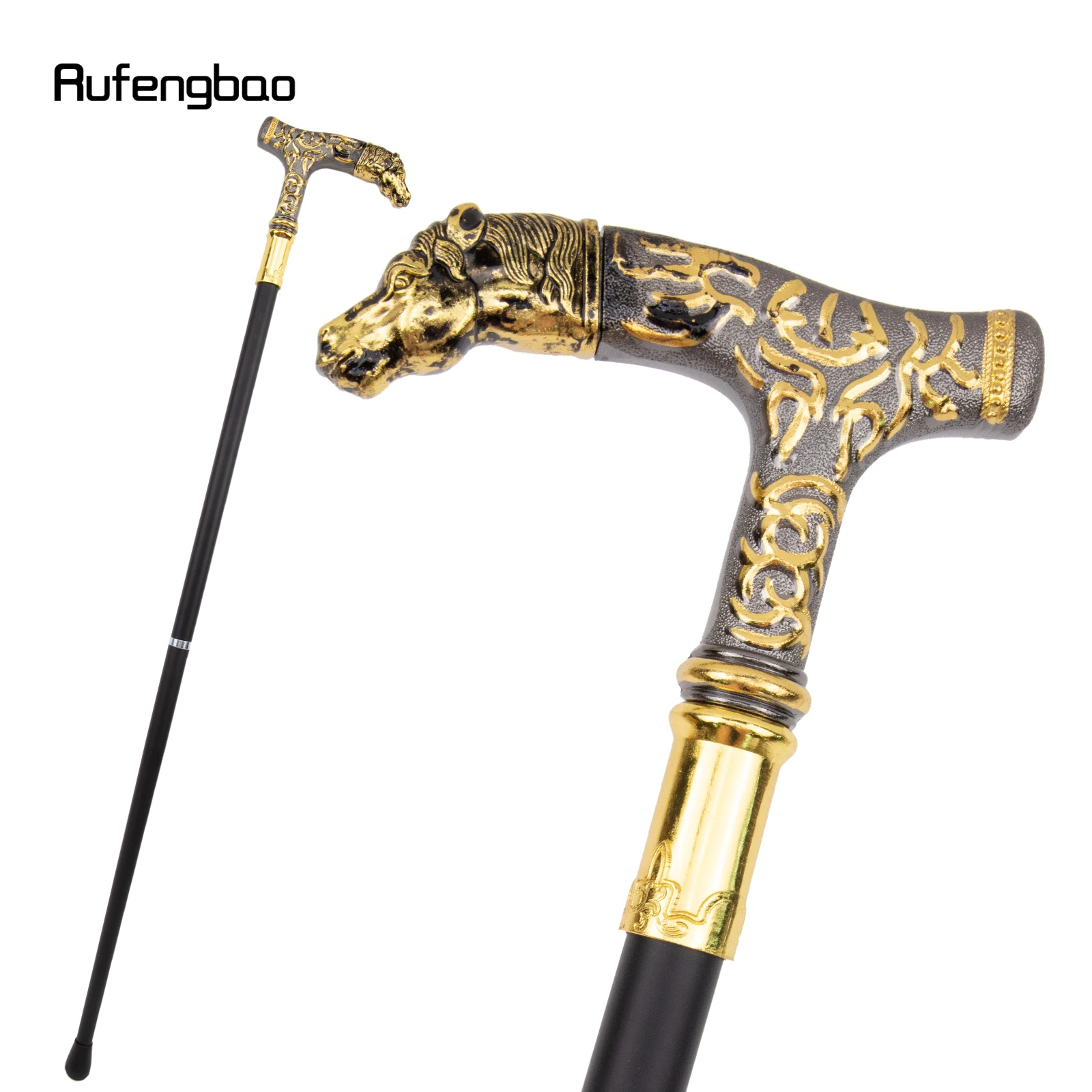 Golden Black Horse Luxury Pattern Walking Stick Party Fashion Elegant Walking Stick Decorative Cospaly Cane Knob Crosier 90cm