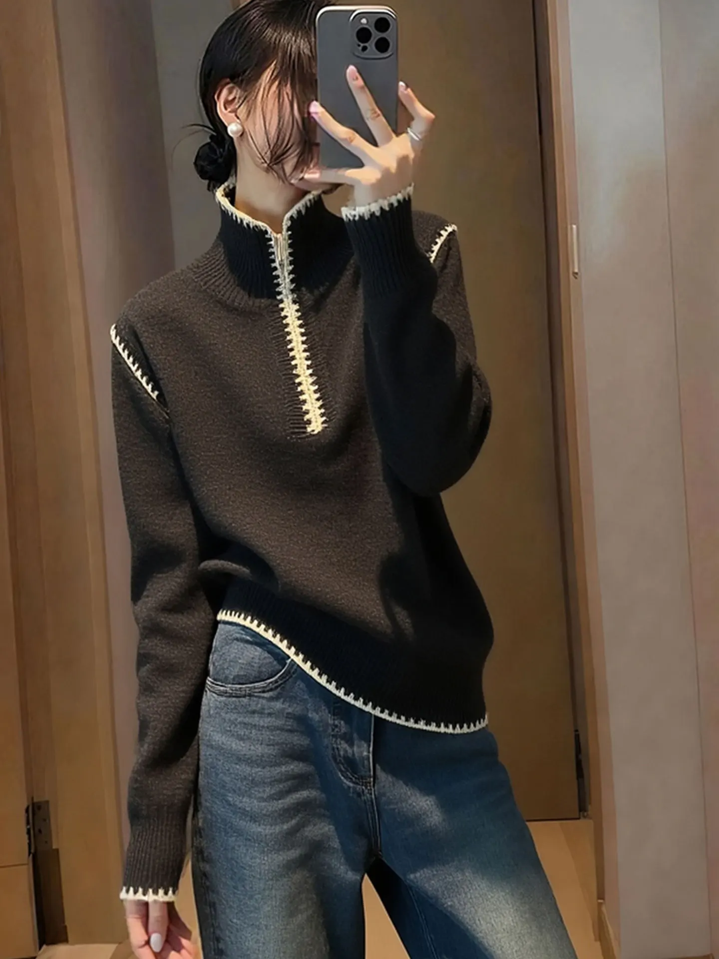 Koreański Design Sensation Color Blo f Zip Long Sve Camere Knitted Sweater Winter Comfortable Warm Women's Top