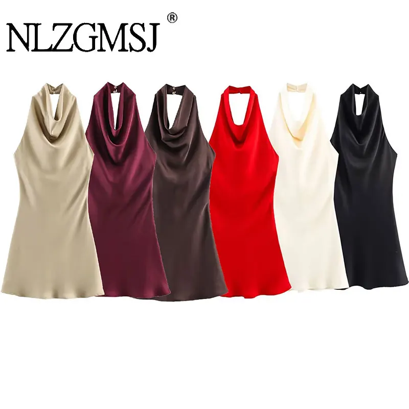 NLZGMSJ Satin-Damen-Partykleid, 2026, Frühling, Sommer, rückenfrei, ärmellos, Neckholder, schmal, A-Linie, kurzes Minikleid, Y2K