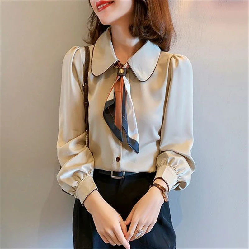 High Quality Satin Women Elegant Chic Bow Peter Pan Collar Shirts Korean Solid Long Sleeve Blouse Top Blusas Mujer De Moda 2023