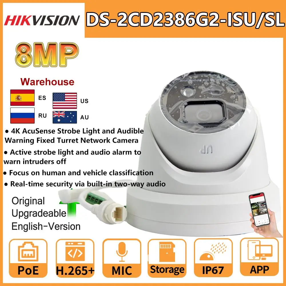 

HIKVISION 8MP IP Camera 4K AcuSense PoE DS-2CD2386G2-ISU/SL Active Strobe Light and Audio Alarm Built-In Mic Two-Way Audio IP67