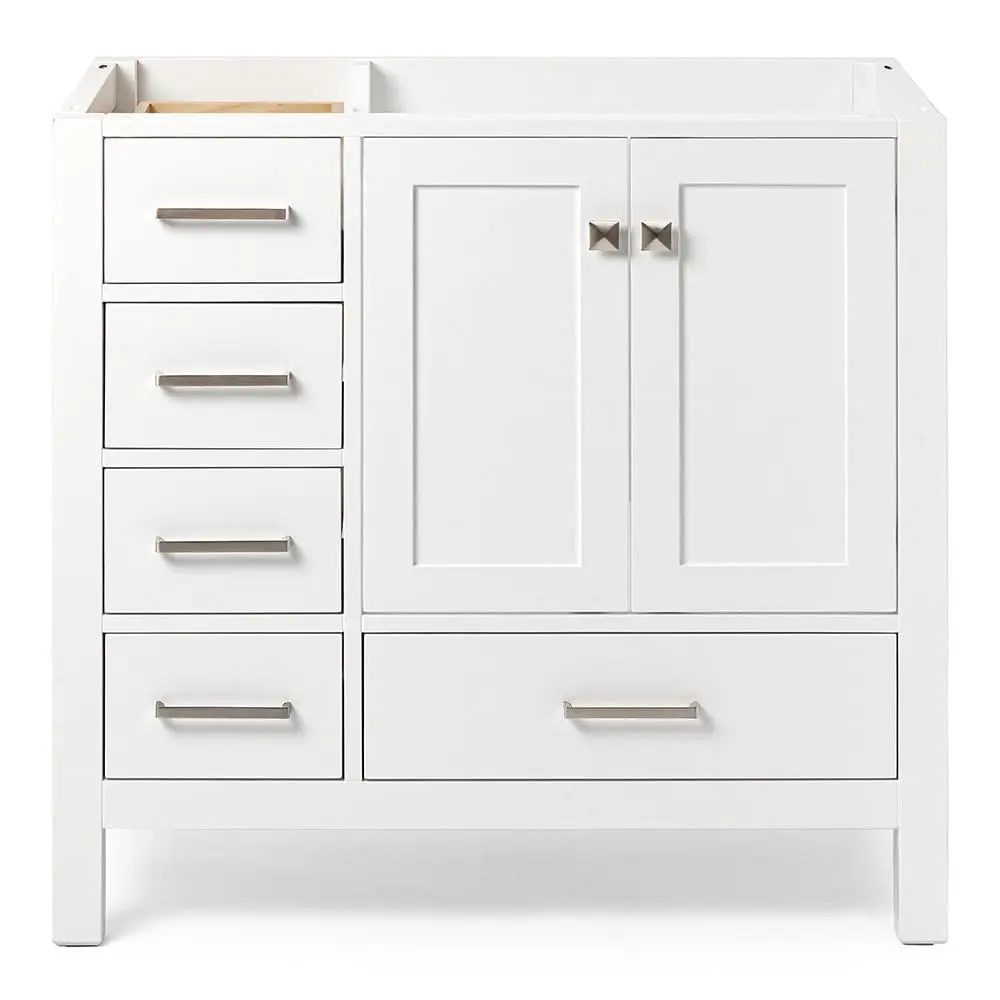 36-inch Solid Wood Bathroom Vanity Base, 2 Soft Closing Doors & 5 Dovetail Drawers, White, Customized
